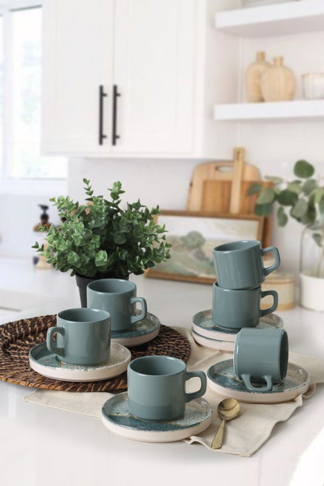 Hermia Juego de tazas de té y platillos de gres cerámico, 12 piezas Hermia Juego de tazas de té y platillos de gres cerámico, 12 piezas